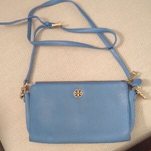 Tory Burch Light Blue Pebbled Leather Crossbody with Gold Logo